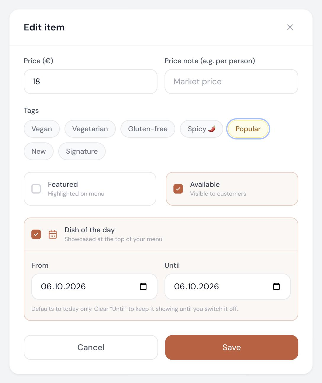 The item editor with price, tags, availability and dish of the day options