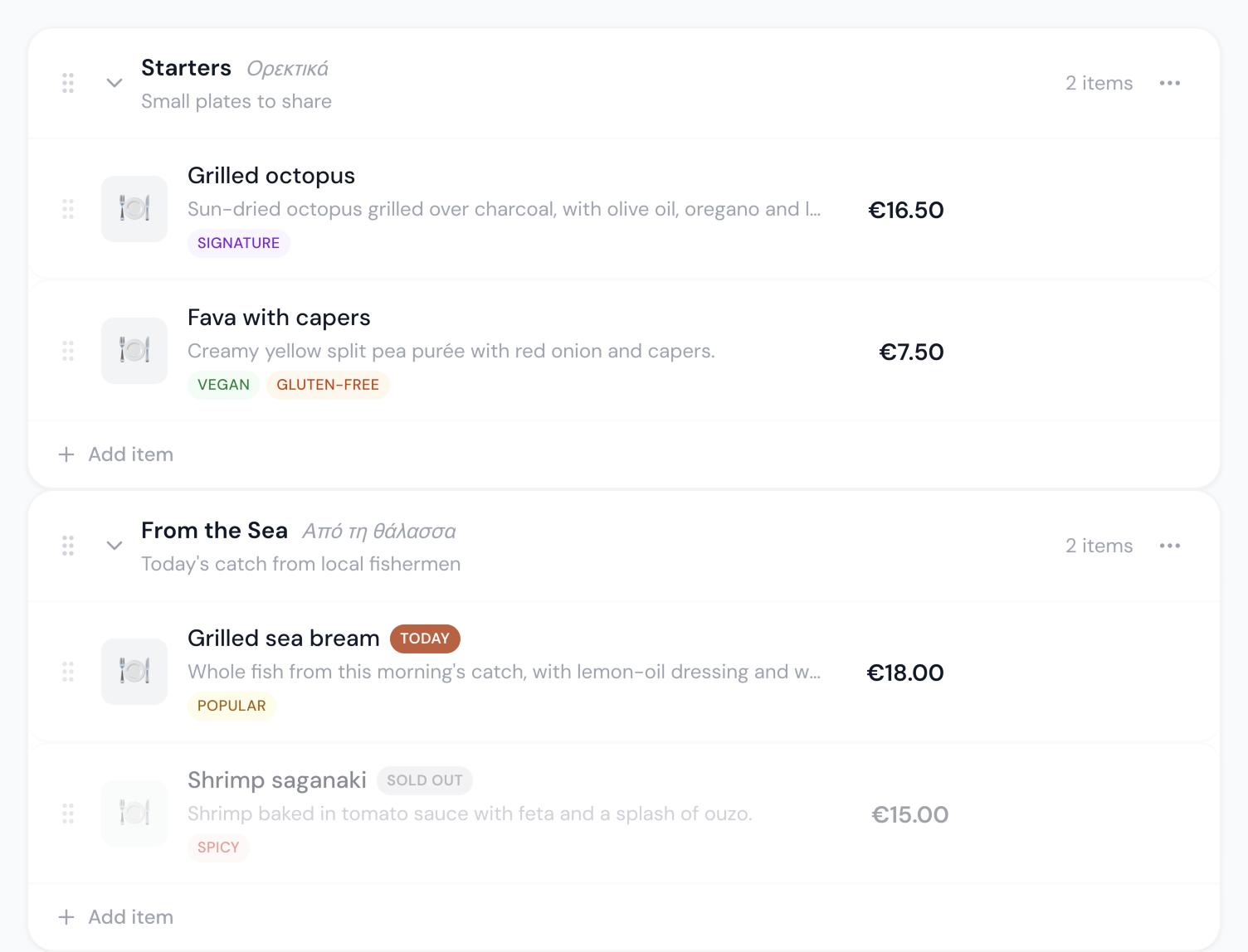 The menu editor showing sections, items, tags, a dish of the day and a sold-out item