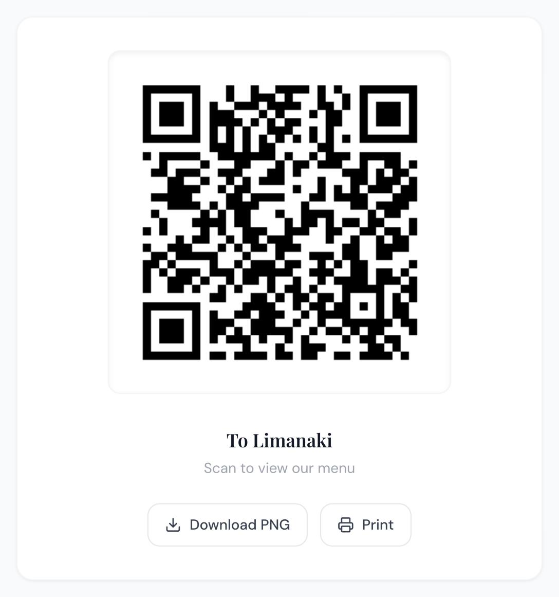 The QR code with Download PNG and Print buttons