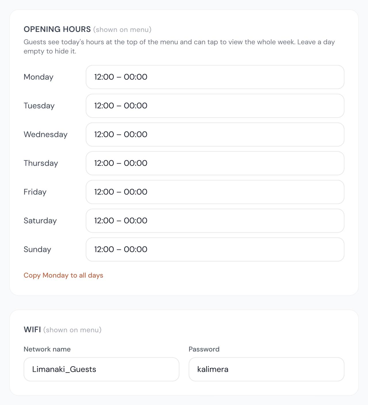Restaurant settings showing opening hours for each day and guest WiFi