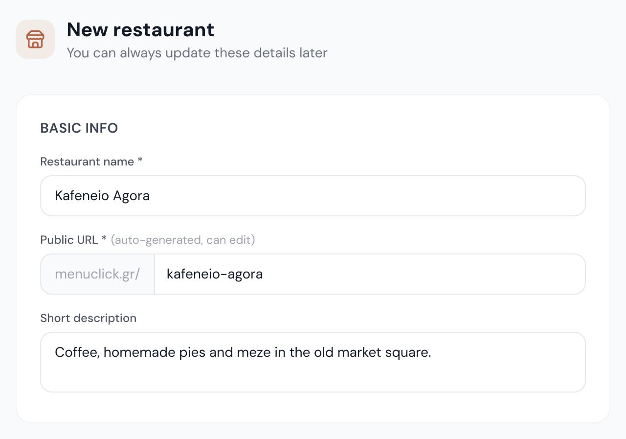 The "New restaurant" form with name, public URL and short description
